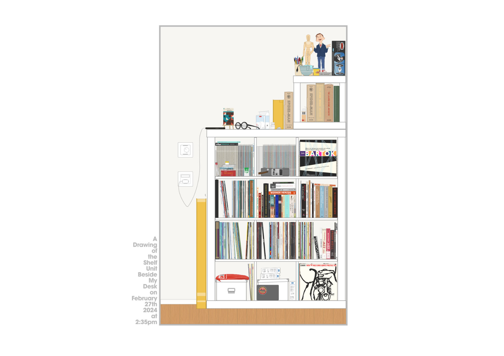 Overview of an image by Richard Littler, showing a hand drawn shelving unit with may items in very fine detail.