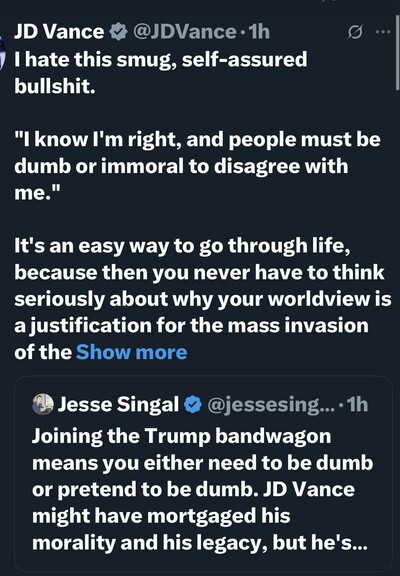 Image of a Twitter post featuring comments from JD Vance and Jesse Singal discussing perceptions of intelligence and morality in political discourse. The conversation critiques attitudes towards disagreement and the implications of aligning with certain political figures or movements.