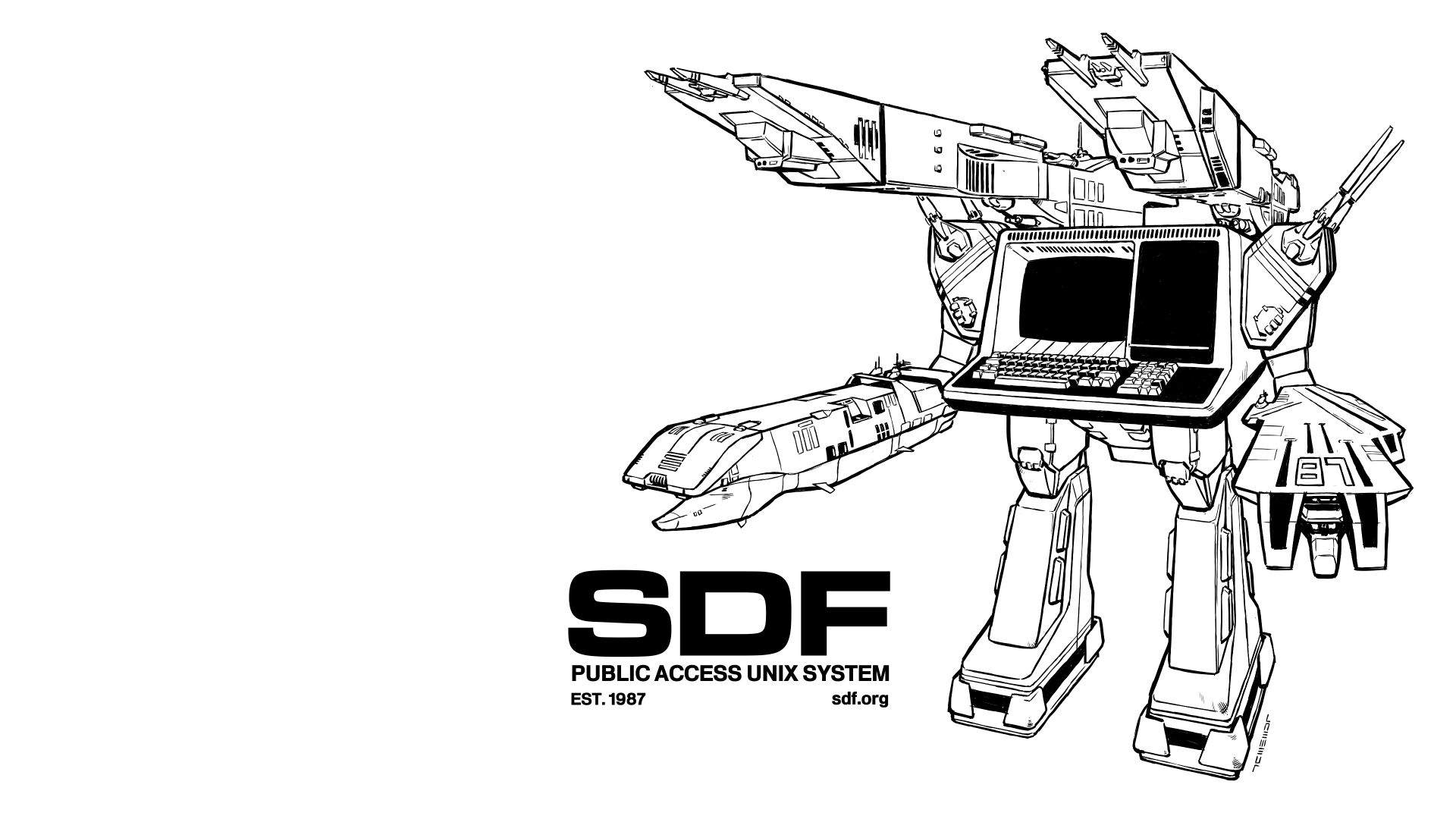 Desktop wallpaper featuring a mecha resembling the SDF Macross, but with a DEC VT52 terminal instead of the main body.