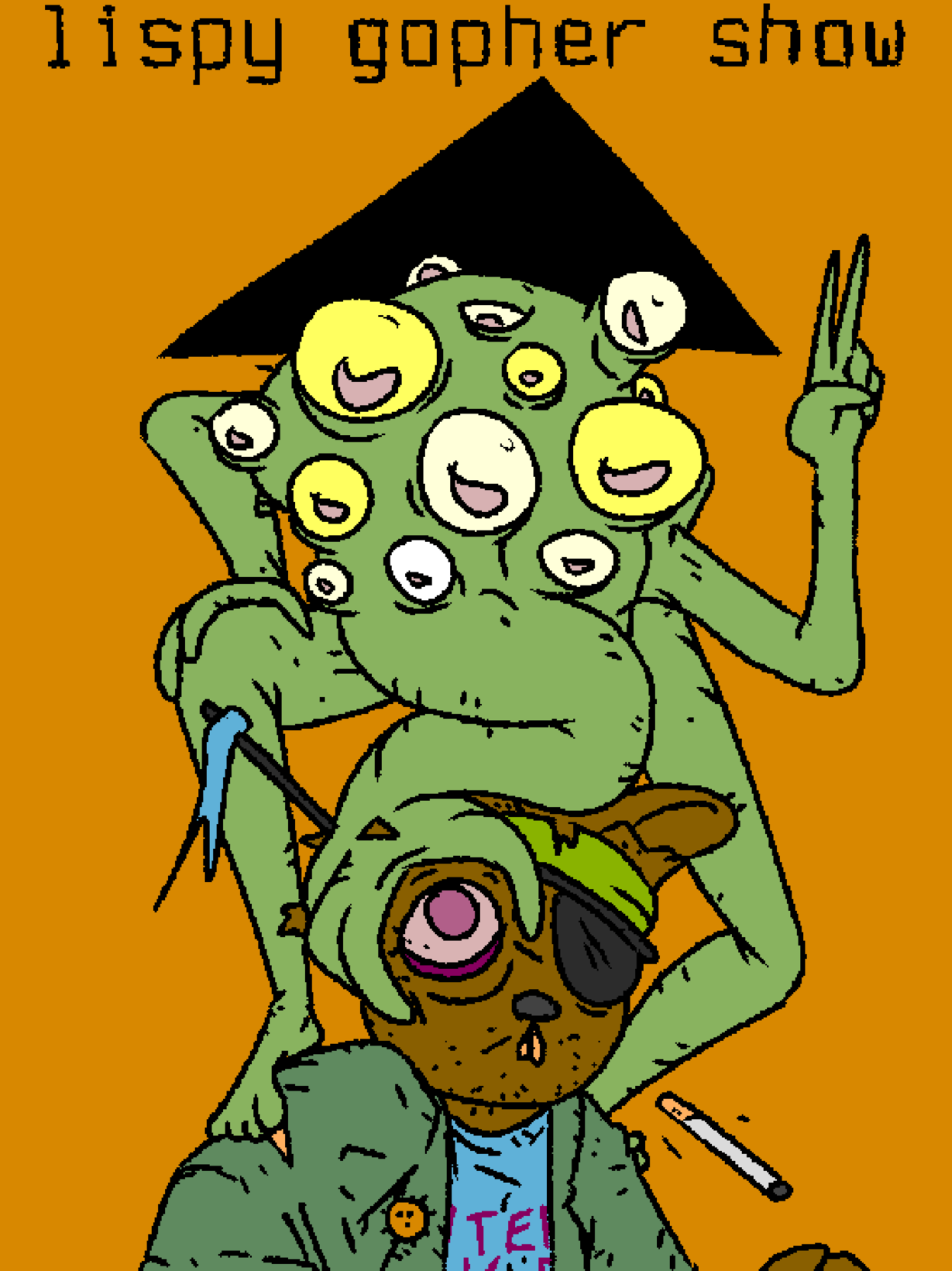 Lovely Lovecraftian lisp alien wrapping themselves around the gopher's head under
lispy gopher show
#unix_surrealism show art with a yellow background