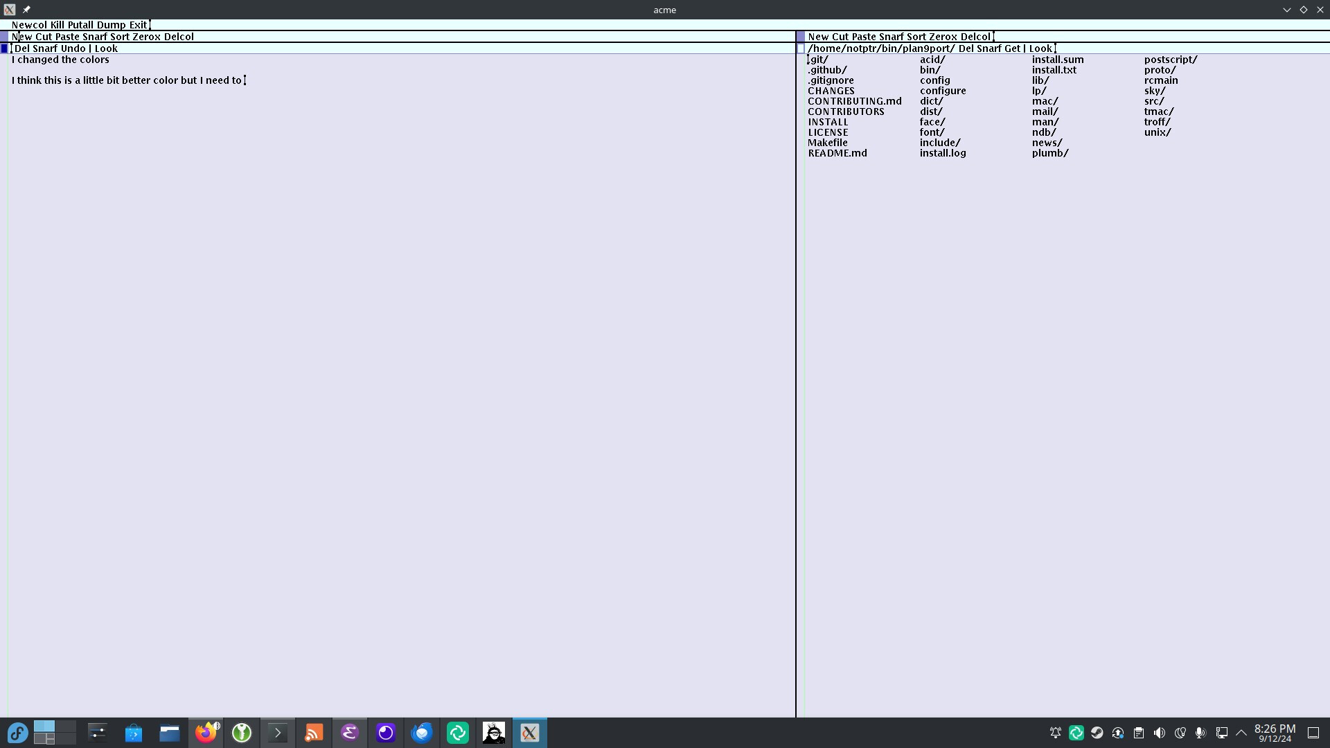 acme with a custom theme of purple. Left is a buffer with text I changed the colors. I think I need to learn color 

right is a listing of a dir of plan9port