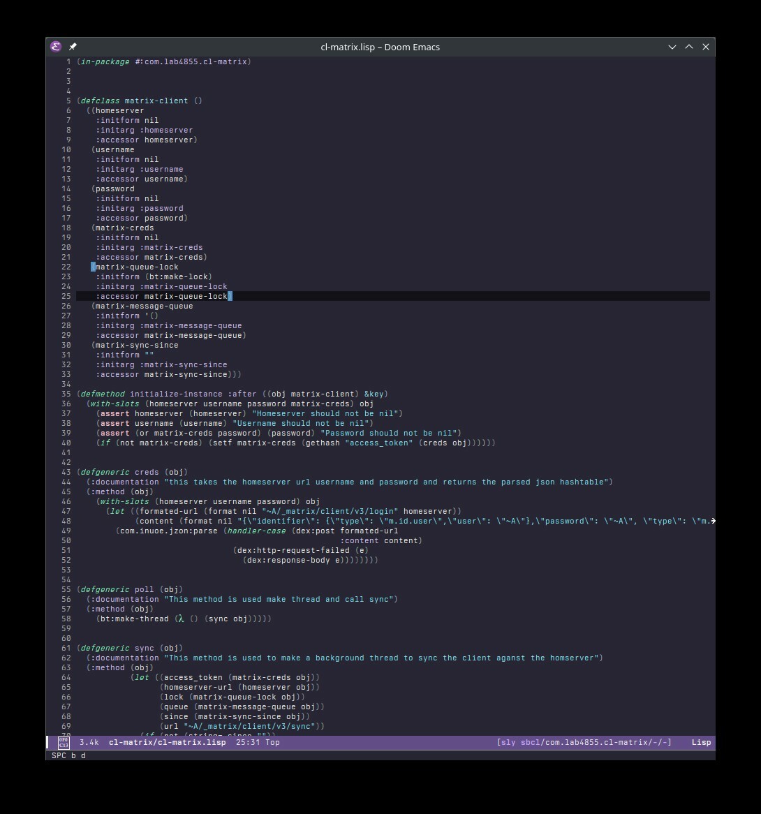 Emacs with a purple theme with common lisp code for a basic Matrix client.