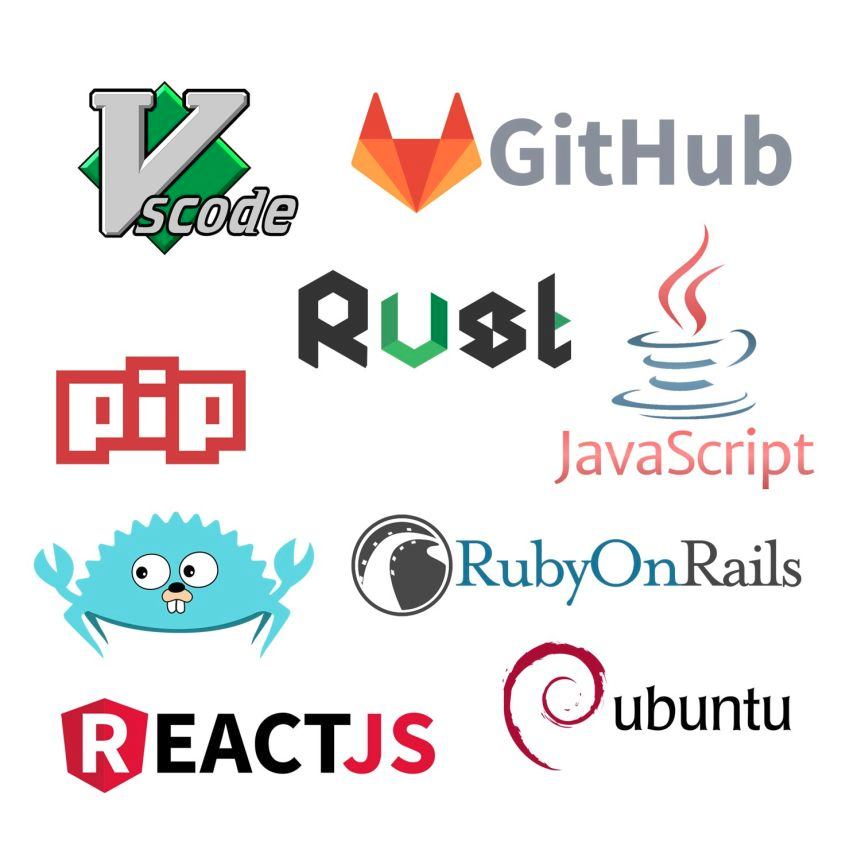 Various Logos of software, but the names have maliciously been swapped.

+ VSCode
+ Github
+ Pip
+ Rust
+ Javascript
+ Go
+ Ruby
+ React JS
+ Ubuntu