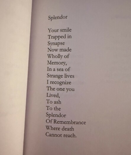 Splendor

Your smile
Trapped in
Synapse
Now made
Wholly of
Memory,
In a sea of
Strange lives
I recognize
The one you
Lived,
To ash
To the
Splendor
Of Remembrance
Where death
Cannot reach.